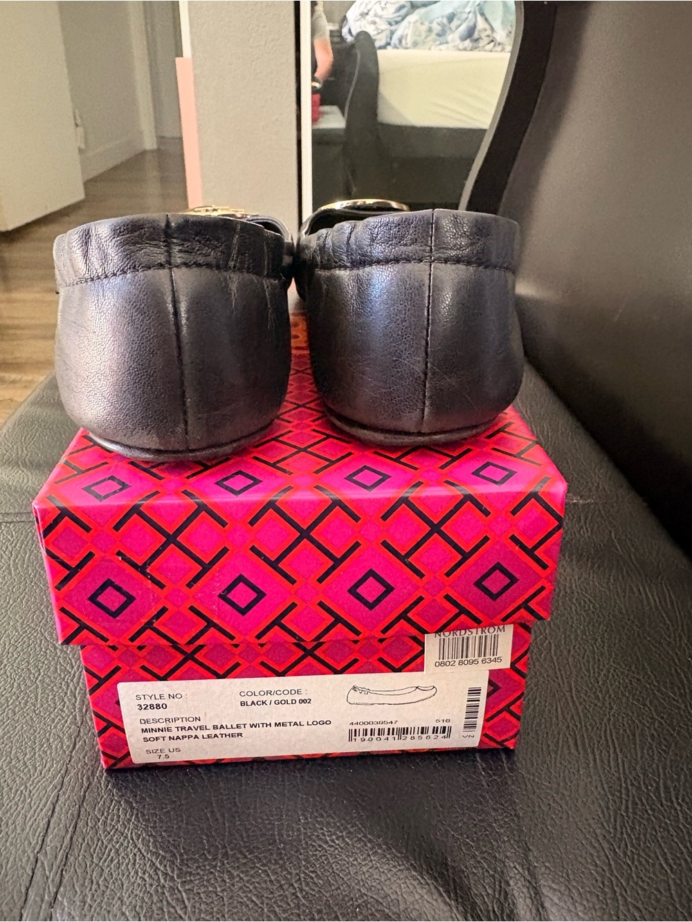 Tory Burch Black Leather Flats with Gold Logo Medallions - Picture 7 of 10